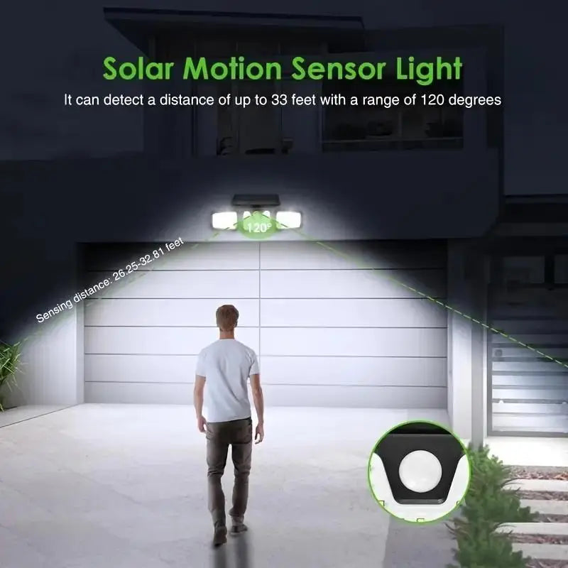 Solar LED Flutlicht mit Bewegungsmelder – 3-Strahler Außenbeleuchtung für Garten, Hof und Garage