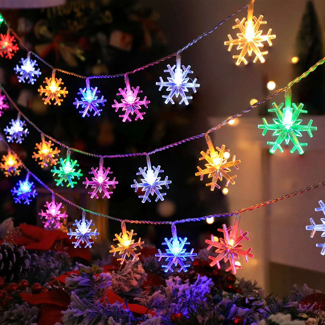 LED Schneeflocken Lichterkette für Innen und Außen – Dekorative Beleuchtung mit Warmweiß oder Buntlicht