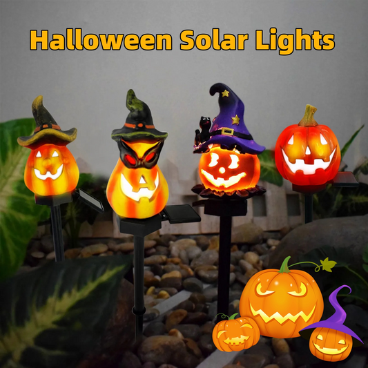 Halloween Solarleuchten – Dekorative LED Gartenlichter mit Kürbis- und Hexen-Motiven