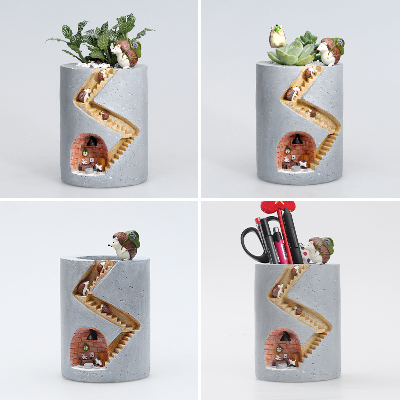 Dekorativer Pflanzentopf mit Igel- und Hasen-Miniatur – Kreatives Treppenhaus-Design für Pflanzen