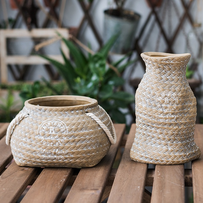 Keramik Pflanzentopf im Hanfbeutel-Design mit Seilgriffen – Dekorativer Blumentopf für Garten und Zuhause