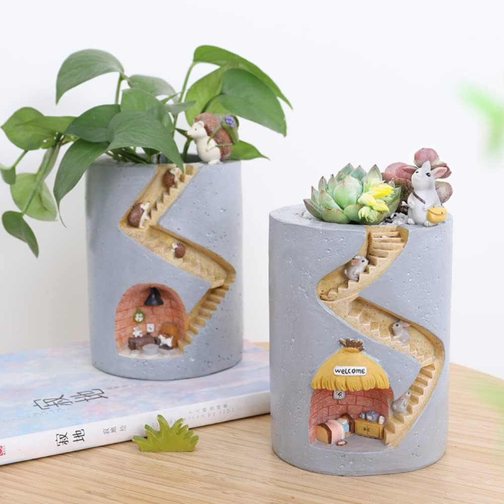 Dekorativer Pflanzentopf mit Igel- und Hasen-Miniatur – Kreatives Treppenhaus-Design für Pflanzen