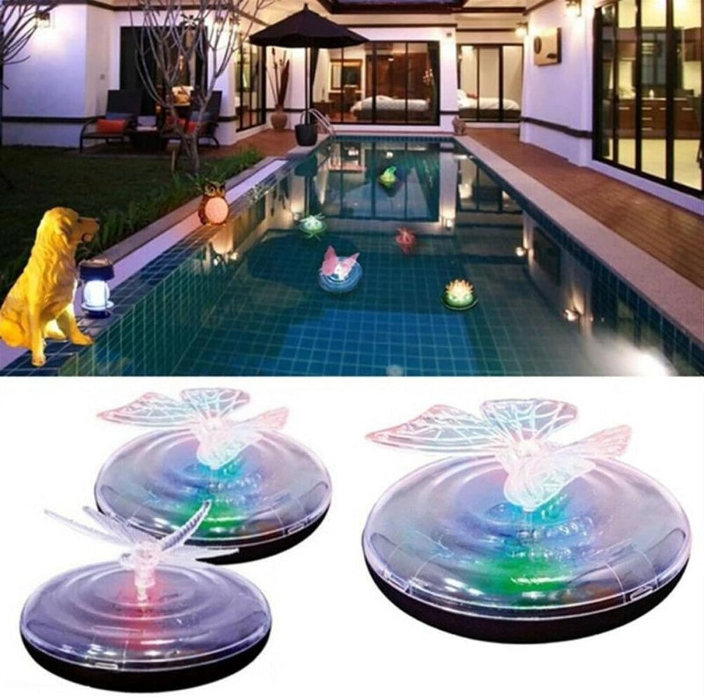 Solarbetriebene Teichdeko Schmetterling und Libelle – Farbwechselnde LED-Lichter für Garten und Teich