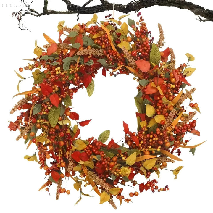 Herbstlicher Rattan-wandkranz Mit Beeren Und Blättern