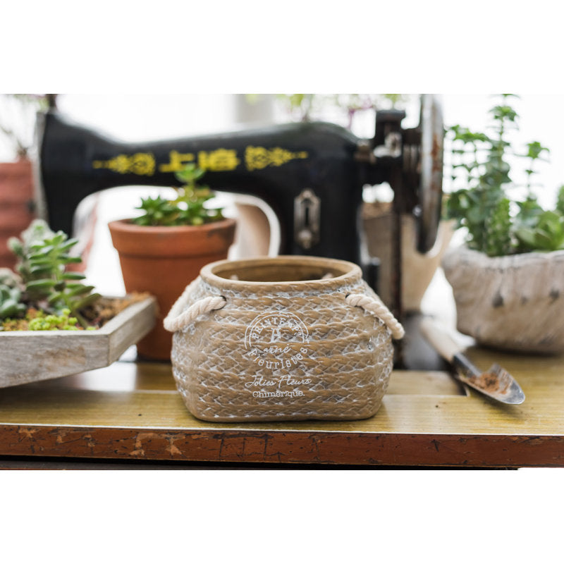 Keramik Pflanzentopf im Hanfbeutel-Design mit Seilgriffen – Dekorativer Blumentopf für Garten und Zuhause
