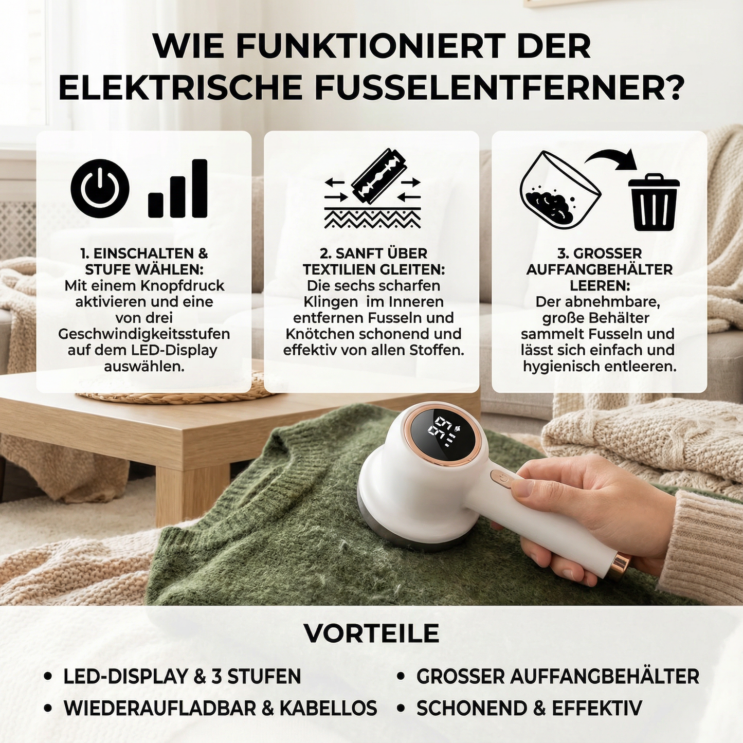 Elektrischer Fusselentferner mit LED-Display – Wiederaufladbarer Textilrasierer mit 3 Stufen & großem Auffangbehälter