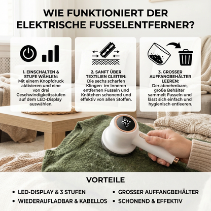 Elektrischer Fusselentferner mit LED-Display – Wiederaufladbarer Textilrasierer mit 3 Stufen & großem Auffangbehälter