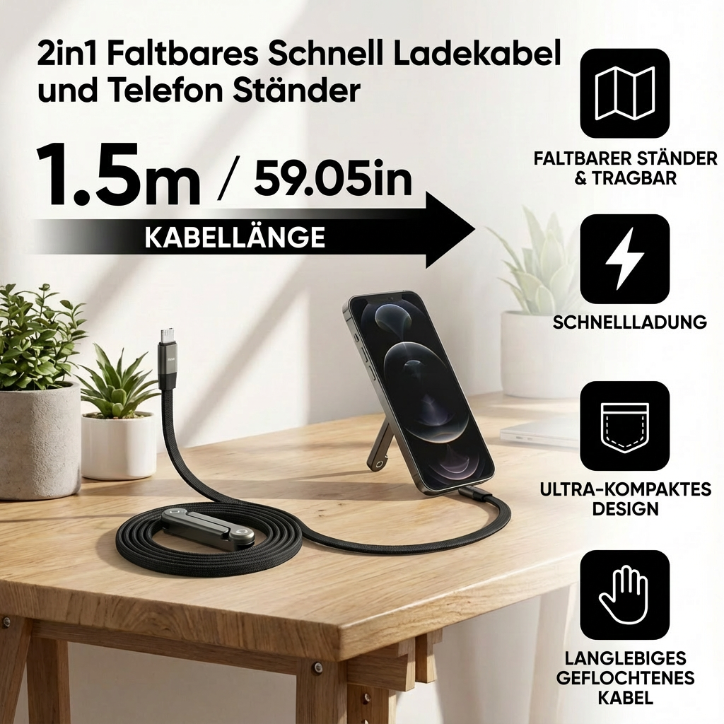 2in1 Faltbares Schnell Ladekabel und Telefon Ständer