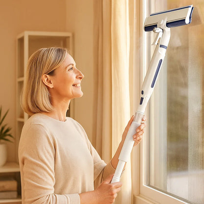 Teleskopischer 3-in-1-Fensterreiniger mit Sprühvorrichtung und integriertem Behälter