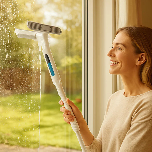 Teleskopischer 3-in-1-Fensterreiniger mit Sprühvorrichtung und integriertem Behälter