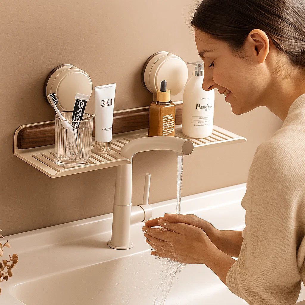 Badezimmer Saugnapf Waschbeckenablage im Walnuss Design