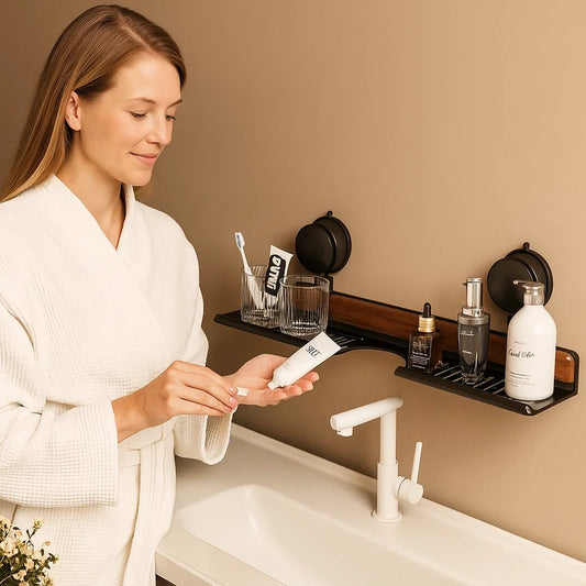 Badezimmer Saugnapf Waschbeckenablage im Walnuss Design