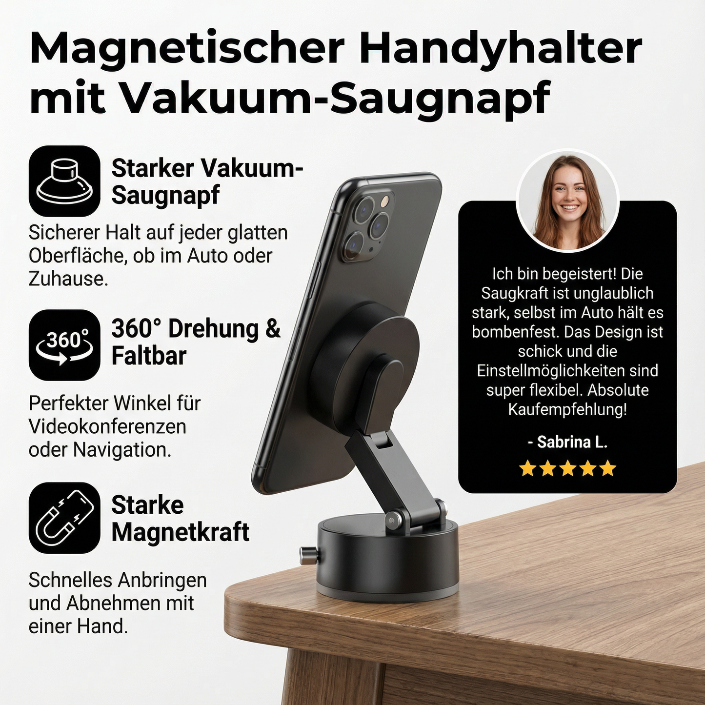 Magnetischer Handyhalter mit Vakuum-Saugnapf – Faltbar & Doppelseitig, Universell für alle Smartphones