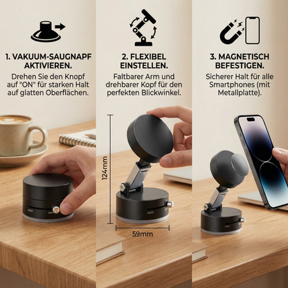 Magnetischer Handyhalter mit Vakuum-Saugnapf – Faltbar & Doppelseitig, Universell für alle Smartphones
