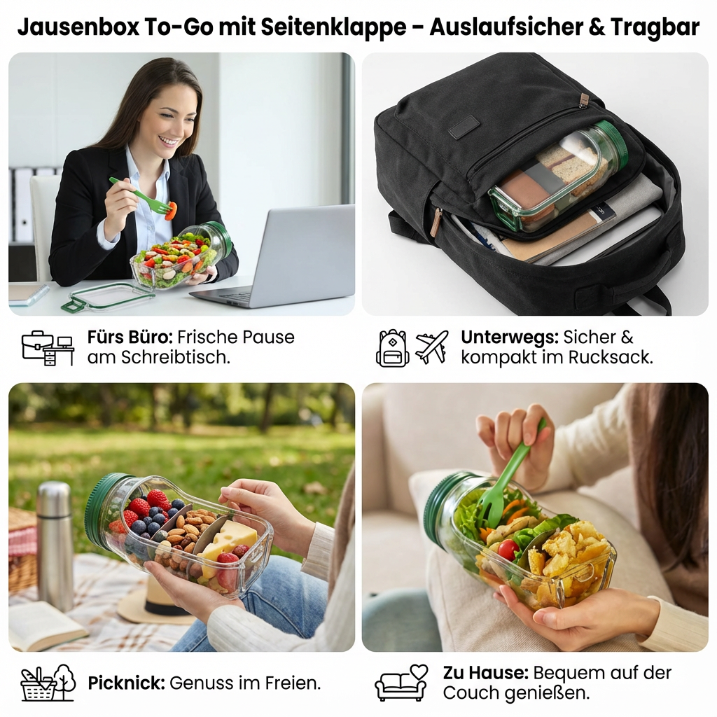 Jausenbox To-Go mit Seitenklappe – Auslaufsicher & Tragbar