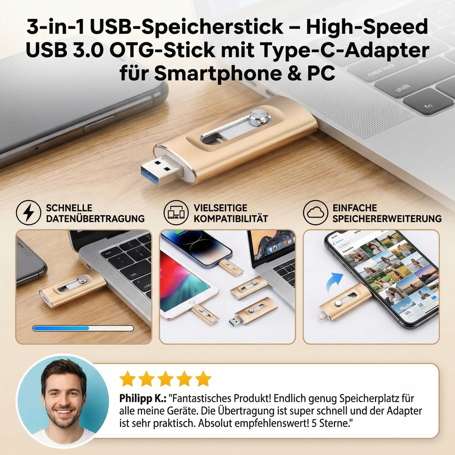 3-in-1 USB-Speicherstick – High-Speed USB 3.0 OTG-Stick mit Type-C-Adapter für Smartphone & PC