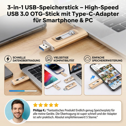 3-in-1 USB-Speicherstick – High-Speed USB 3.0 OTG-Stick mit Type-C-Adapter für Smartphone & PC