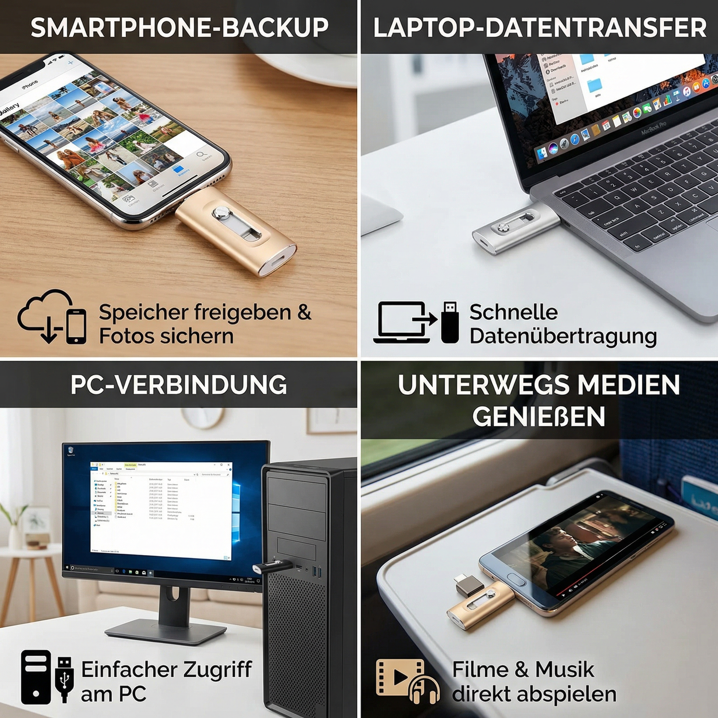 3-in-1 USB-Speicherstick – High-Speed USB 3.0 OTG-Stick mit Type-C-Adapter für Smartphone & PC