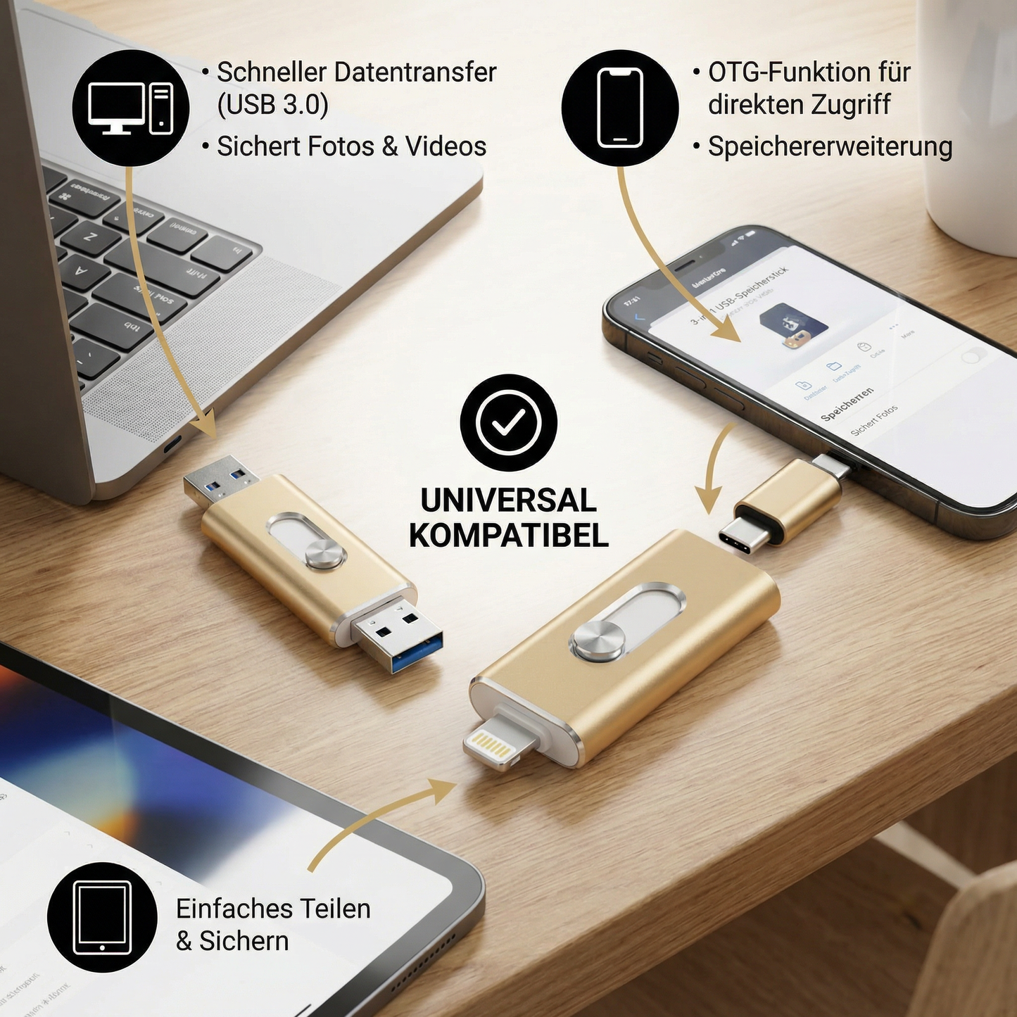 3-in-1 USB-Speicherstick – High-Speed USB 3.0 OTG-Stick mit Type-C-Adapter für Smartphone & PC