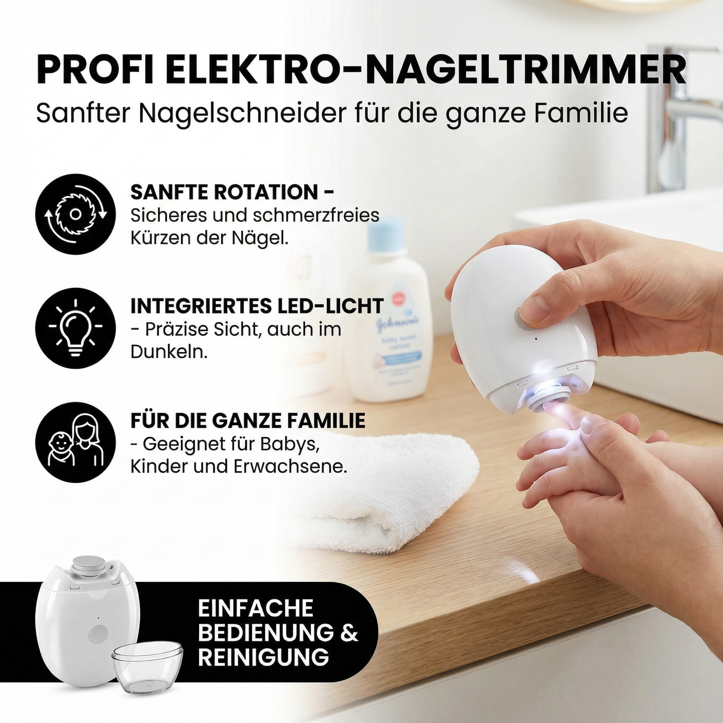 Profi Elektro-Nageltrimmer mit LED-Licht – Sanfter Nagelschneider für die ganze Familie