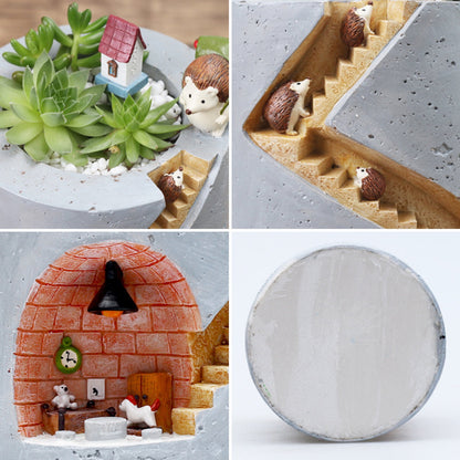 Dekorativer Pflanzentopf mit Igel- und Hasen-Miniatur – Kreatives Treppenhaus-Design für Pflanzen