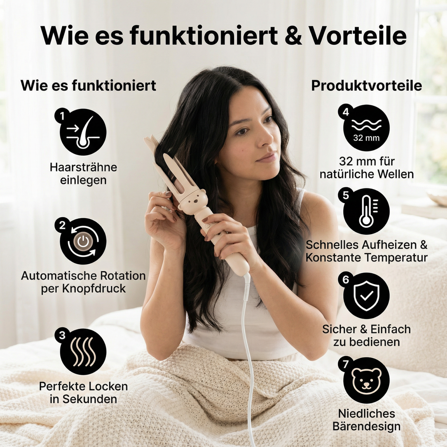 Automatischer Bäredesign Lockenstab 32 mm – Elektrischer Rotations-Lockenstyler