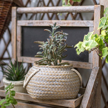 Keramik Pflanzentopf im Hanfbeutel-Design mit Seilgriffen – Dekorativer Blumentopf für Garten und Zuhause