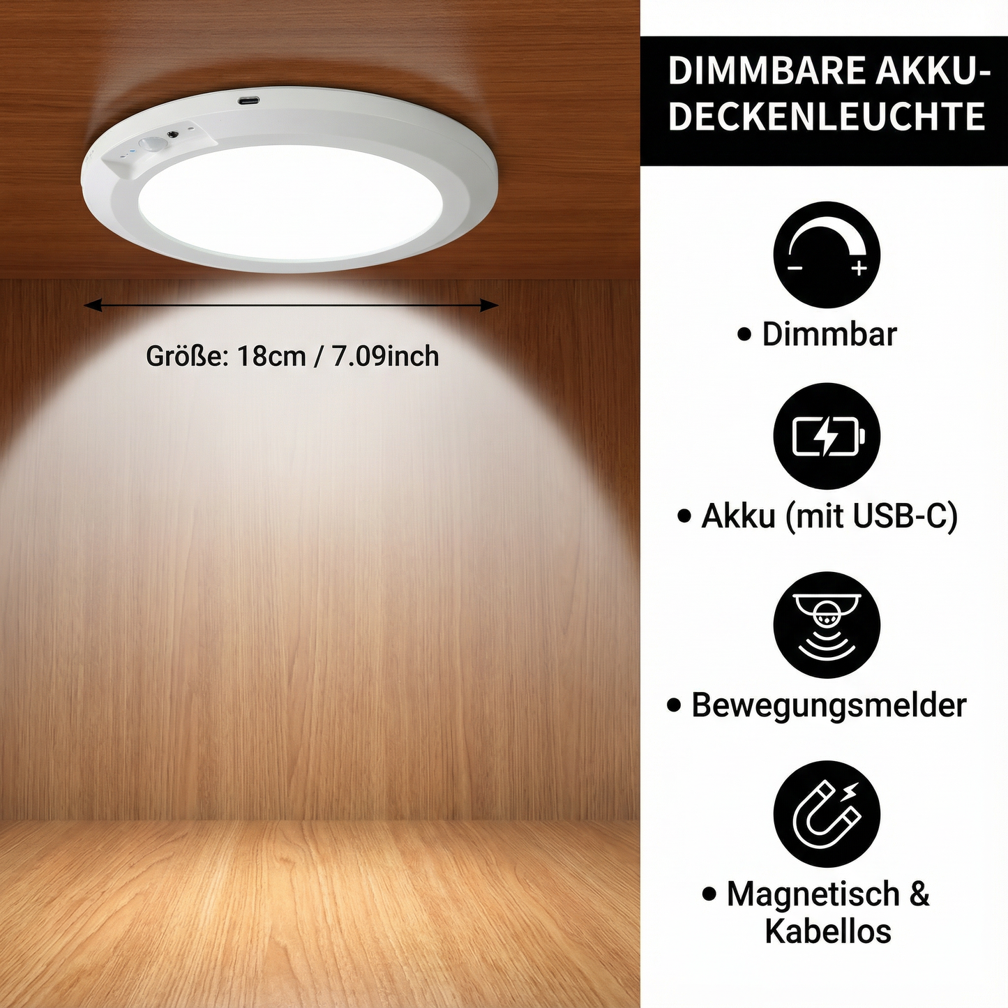 Dimmbare Akku-Deckenleuchte mit Bewegungsmelder – magnetisch & kabellos