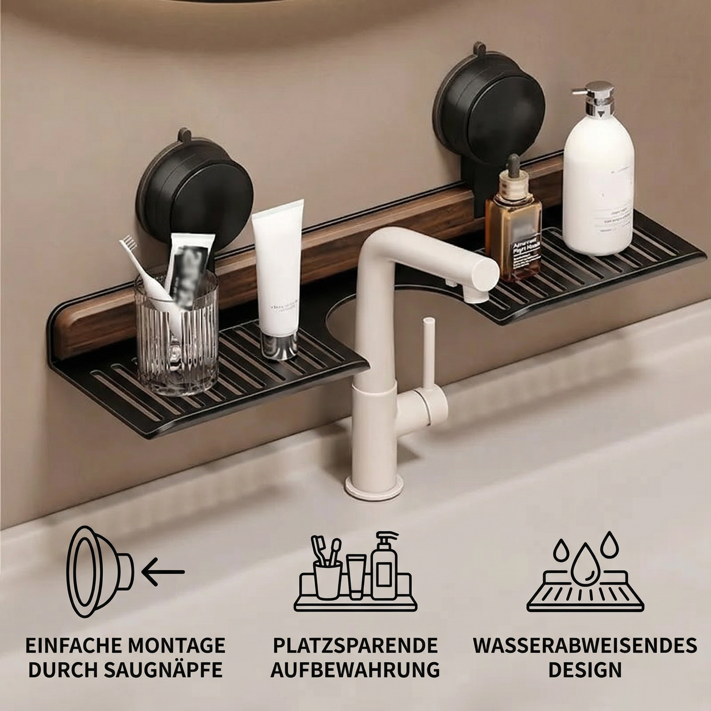 Badezimmer Saugnapf Waschbeckenablage im Walnuss Design