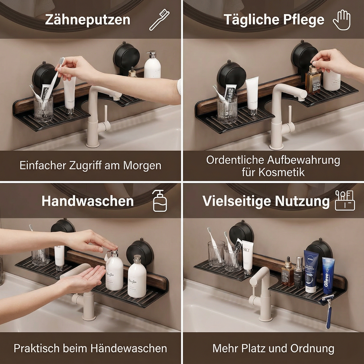 Badezimmer Saugnapf Waschbeckenablage im Walnuss Design