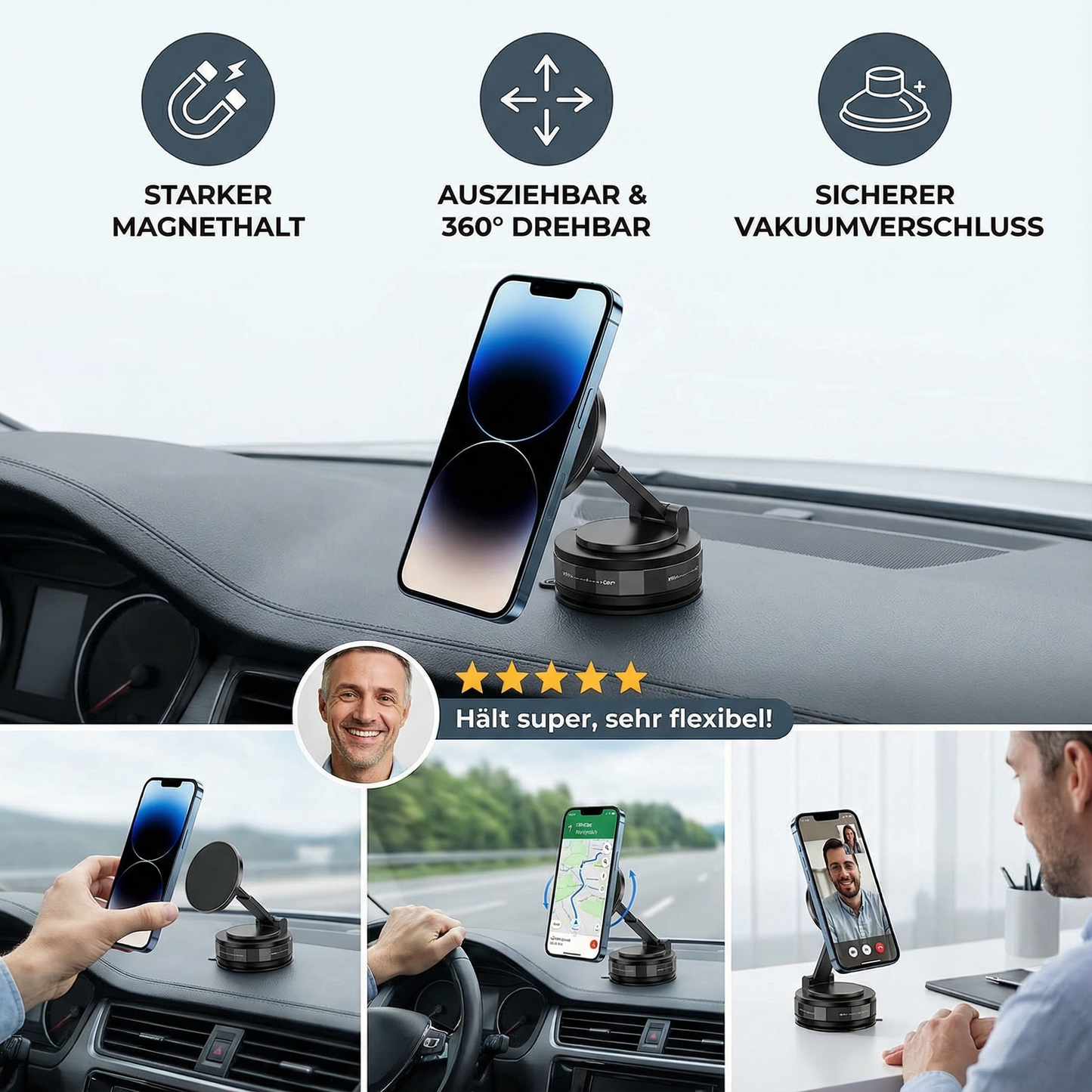 Magnetischer Saugnapf - Ausziehbarer 360° Telefonhalter mit Vakuumverschluss
