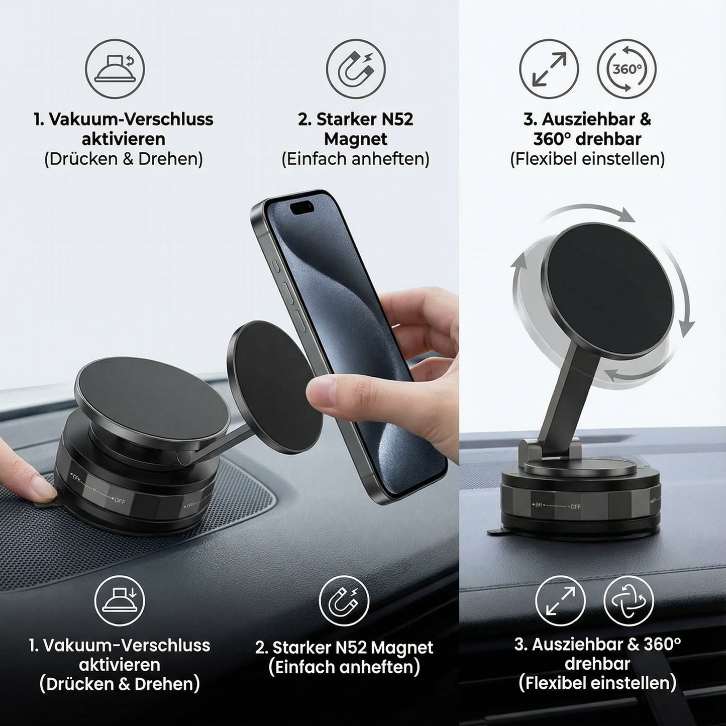 Magnetischer Saugnapf - Ausziehbarer 360° Telefonhalter mit Vakuumverschluss