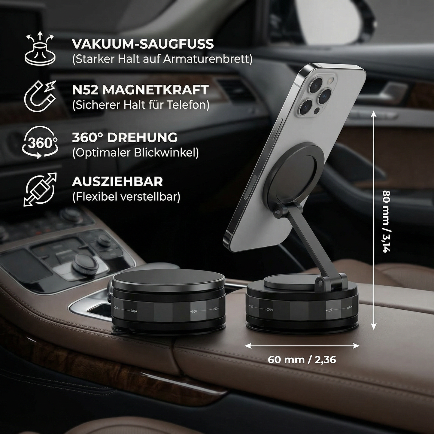 Magnetischer Saugnapf - Ausziehbarer 360° Telefonhalter mit Vakuumverschluss