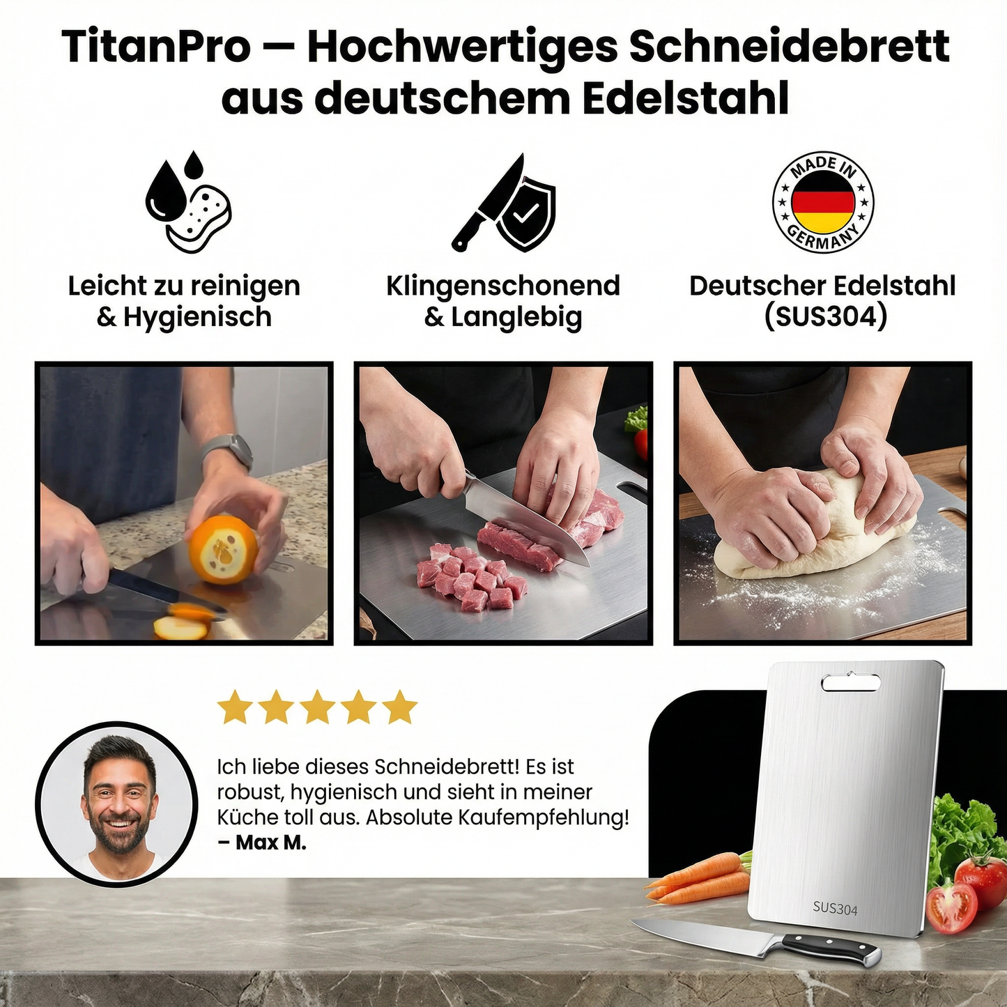 TitanPro – Hochwertiges Schneidebrett aus deutschem Edelstahl