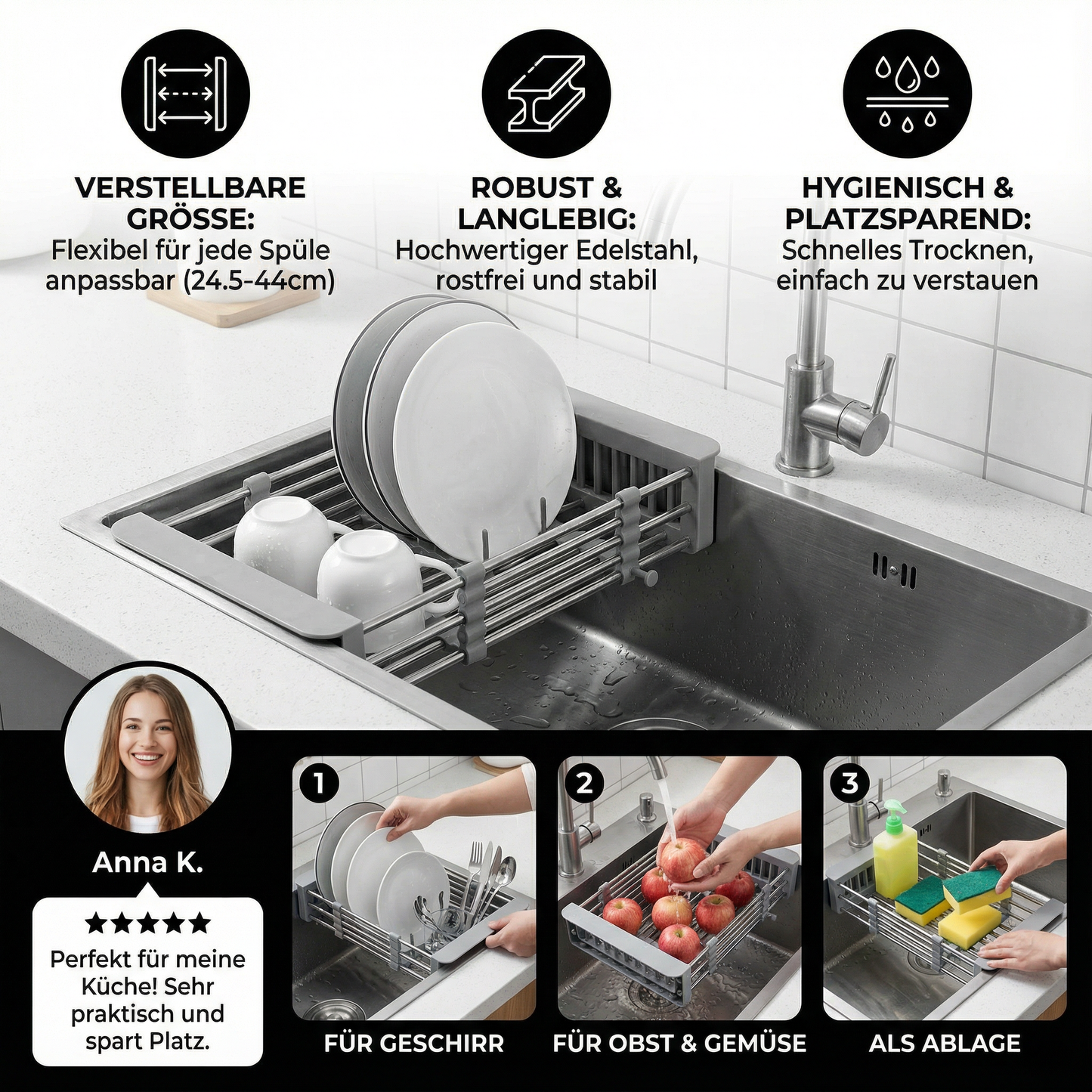 Verstellbares Abtropf Gestell für die Spüle